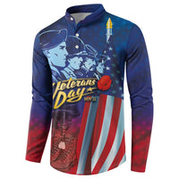 Blue button henley sweatshirt with Veterans Day front graphic, stars, and red-white American stripes.