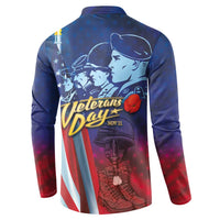 Blue button henley sweatshirt with back print: Veterans Day banner, soldier silhouettes, stars.