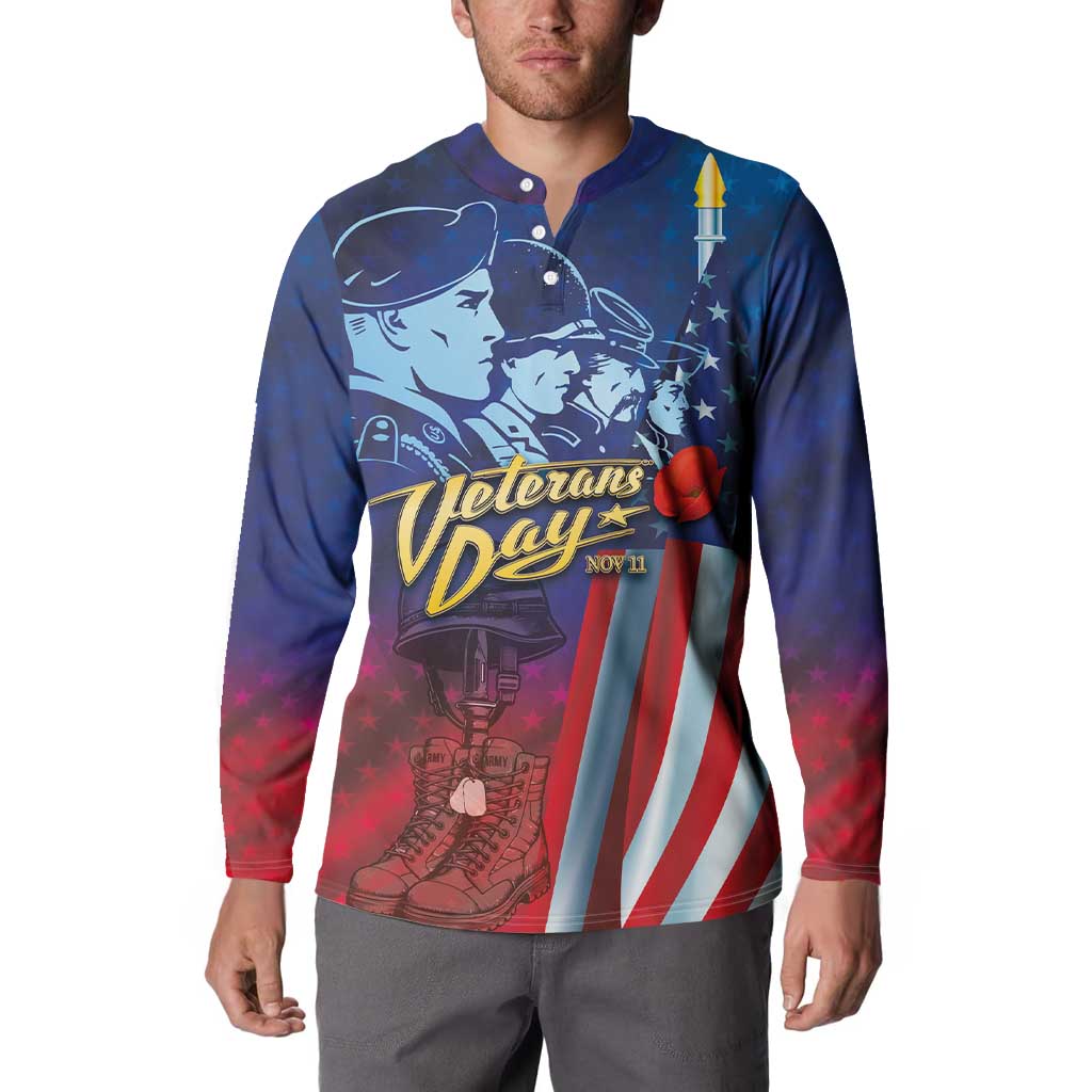 Blue button henley sweatshirt with Veterans Day front graphic; red-white stripes and stars.