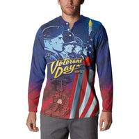 Blue button henley sweatshirt with Veterans Day front graphic; red-white stripes and stars.
