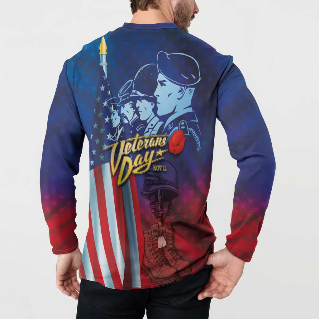 Blue button henley sweatshirt with back print: Veterans Day banner, rose, and soldier silhouettes.