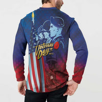 Blue button henley sweatshirt with back print: Veterans Day banner, rose, and soldier silhouettes.