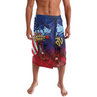 Blue knee-length lavalava with Veterans Day patriotic print and elastic waistband