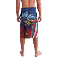 Blue knee-length lavalava with Veterans Day graphic, flag stripe panel, elastic waist