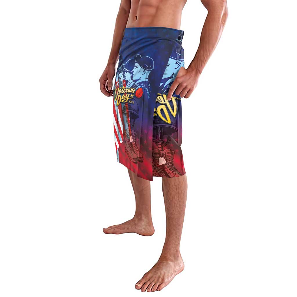 Blue knee-length lavalava with Veterans Day portrait, red and striped side, elastic waistband