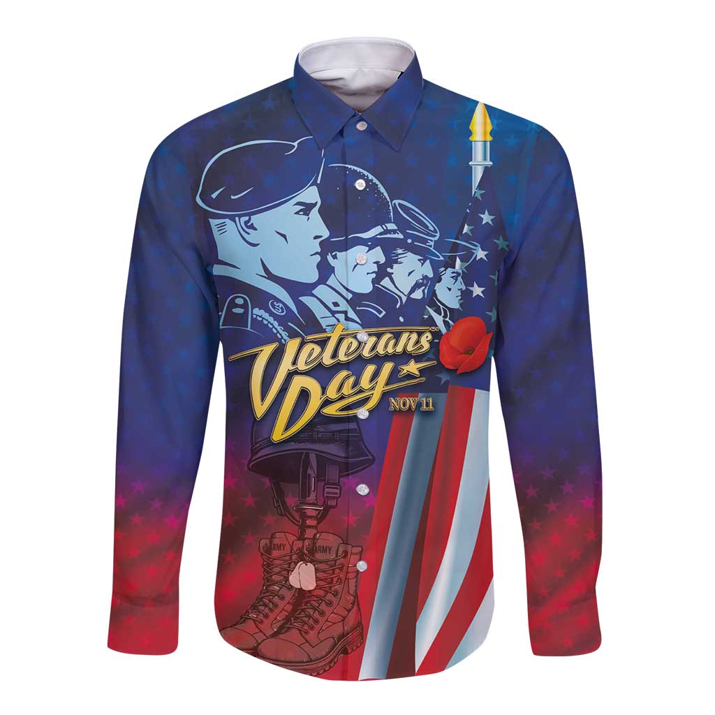 Blue long sleeve button shirt with Veterans Day front graphic, portrait soldiers, red rose