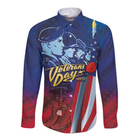 Blue long sleeve button shirt with Veterans Day front graphic, portrait soldiers, red rose