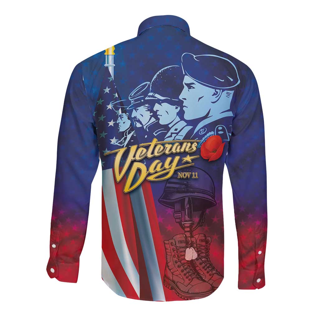 Blue long sleeve button shirt with Veterans Day back graphic, soldiers, flag stripes