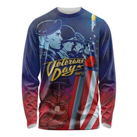 Unisex long sleeve shirt, dark blue with Veterans Day graphic and American flag stripes