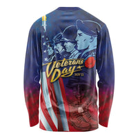 Unisex long sleeve shirt, dark blue with Veterans Day back print and U.S. flag image