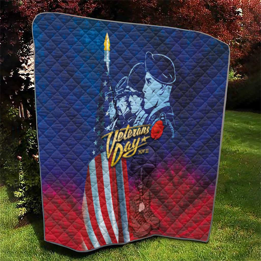 Folded blue and red Veterans Day quilt with soldier face, stars, and flag stripes