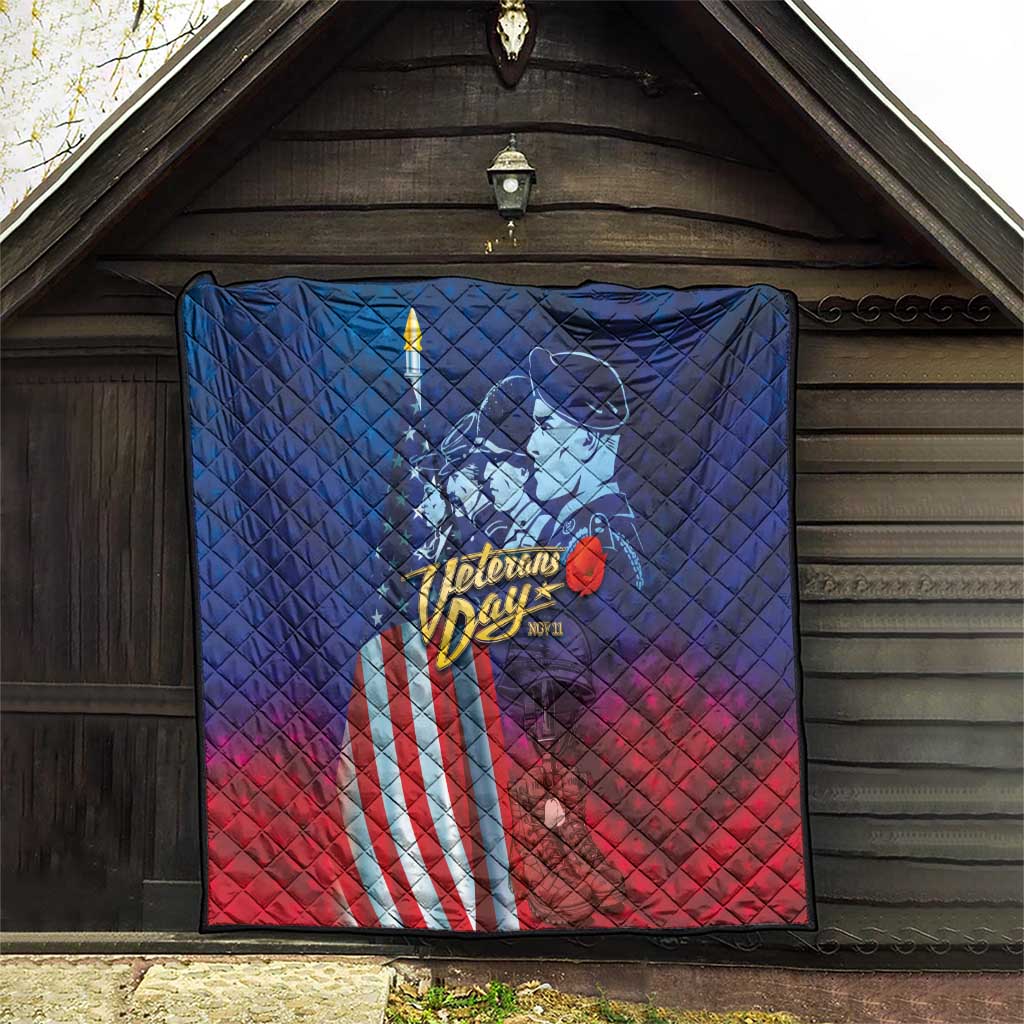 Blue quilt hanging indoors with Veterans Day soldier, stars, and red striped flag
