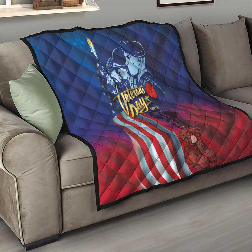 Blue quilt on sofa with Veterans Day soldier artwork, stars, and red striped flag