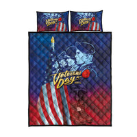 Quilt bed set with two pillow shams, Veterans Day soldier art, blue quilt background