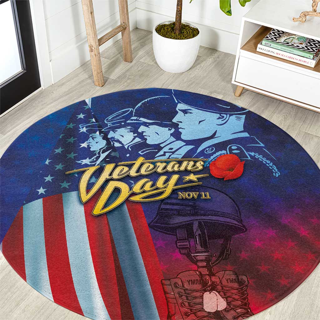 Round blue Veterans Day carpet featuring soldier artwork, striped stars flag, and “Nov 11”