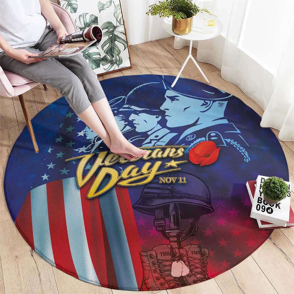 Round blue Veterans Day carpet with soldier graphic, striped flag, and “Veterans Day”/Nov 11