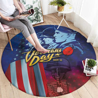 Round blue Veterans Day carpet with soldier graphic, striped flag, and “Veterans Day”/Nov 11