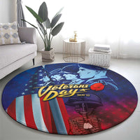 Round blue Veterans Day carpet with soldier graphic, striped flag stripes, and “Veterans Day”