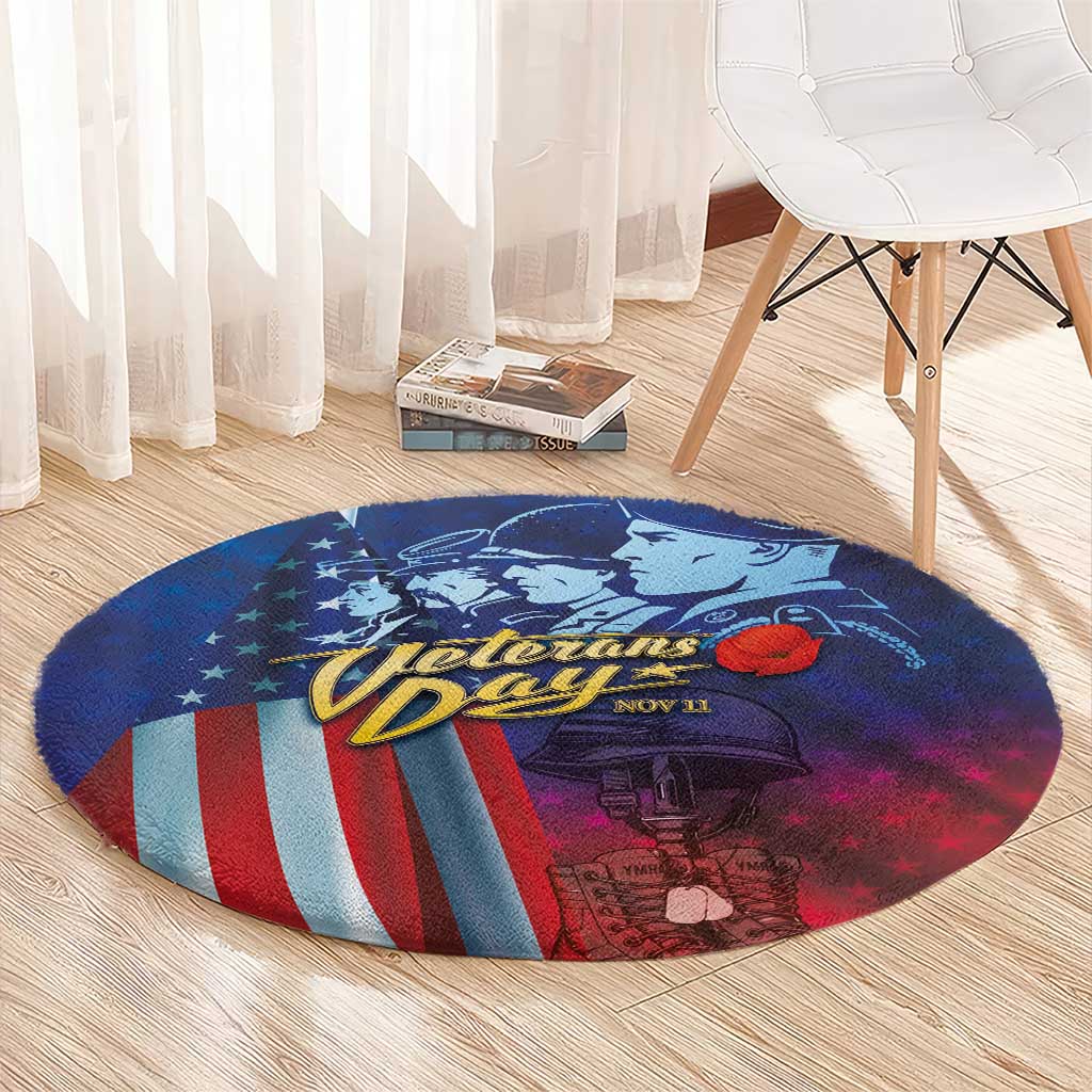 Round blue Veterans Day carpet with soldier faces, striped flag, and “Veterans Day”/Nov 11
