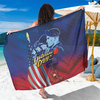 Blue and red printed military sarong with Veterans Day flag and soldier graphic.