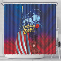 Blue Veterans Day shower curtain featuring soldier portrait, stars, and red/white flag stripes