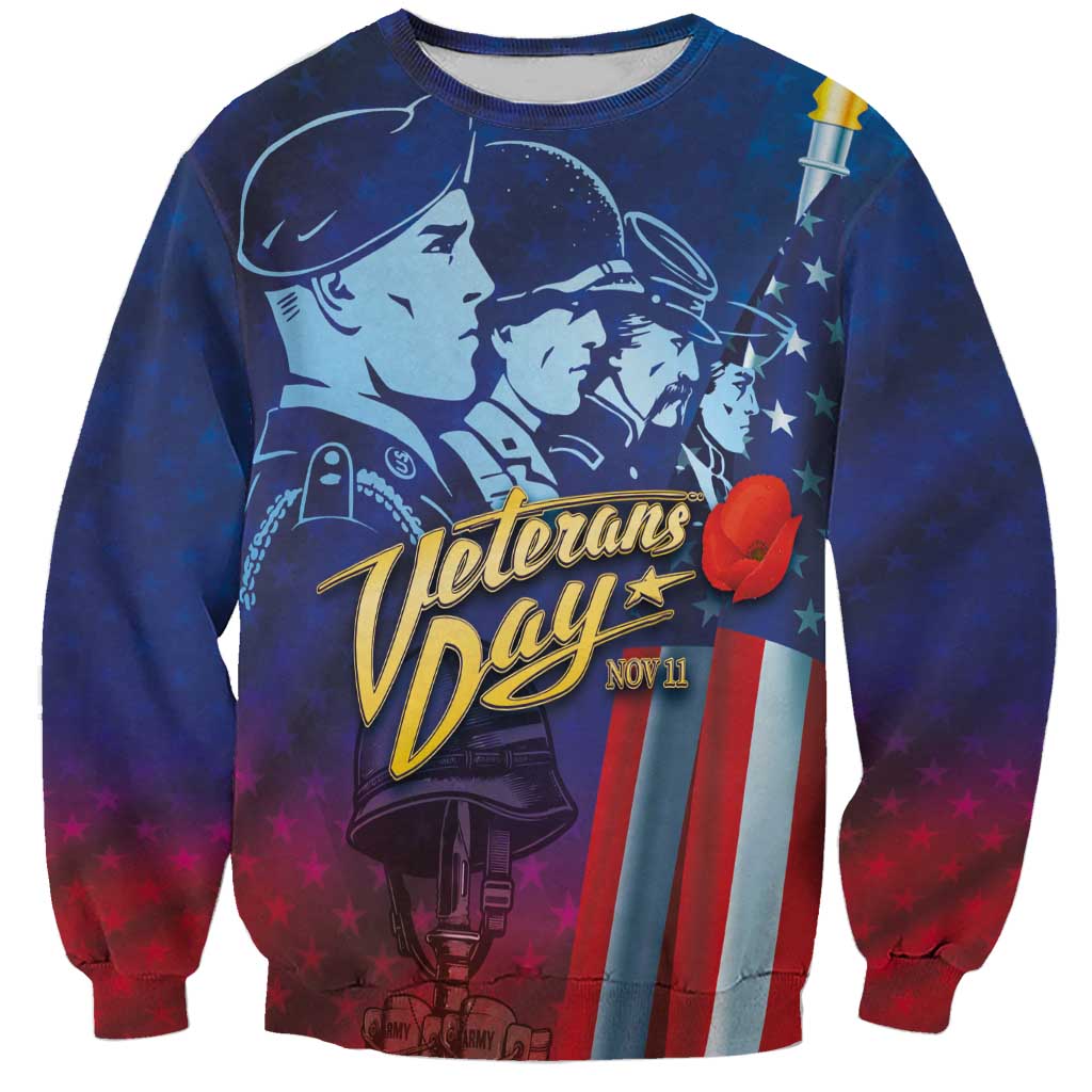 Unisex blue Veterans Day military sweatshirt with soldier graphic, stars, flag, red rose