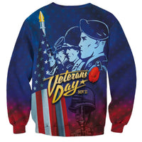 Unisex blue Veterans Day military sweatshirt back print with soldier, stars, flag, red rose