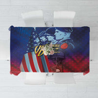 Blue, red, and white patriotic tablecloth with stars, soldier graphic, and striped panel