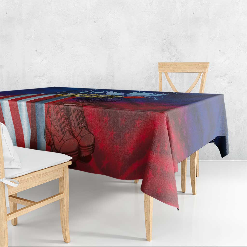Patriotic tablecloth draped on table: red and blue with flag stripes and soldier print