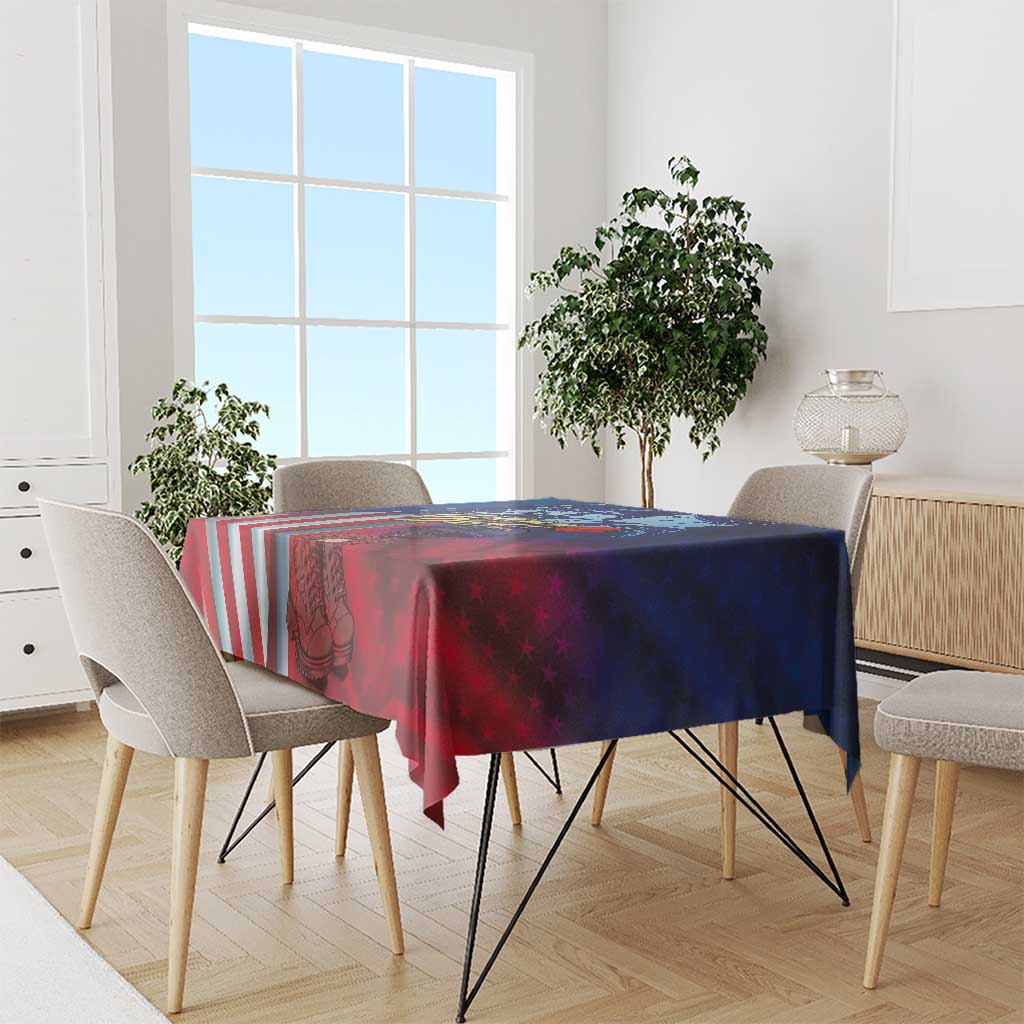 Patriotic tablecloth covering dining table with red-blue gradient stars and striped flag