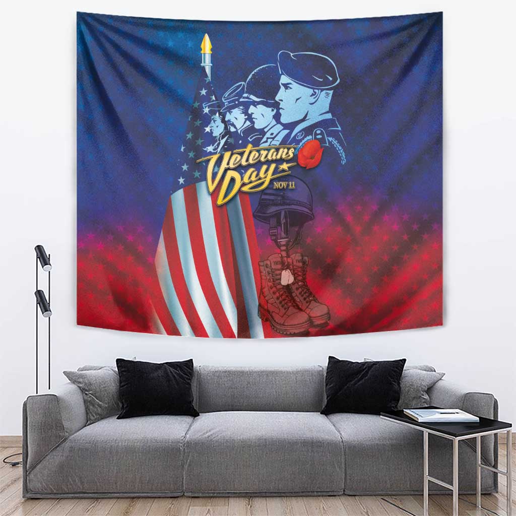 Blue and red Veterans Day military tapestry with American flag stripes and soldier graphic