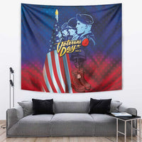 Blue and red Veterans Day military tapestry with American flag stripes and soldier graphic