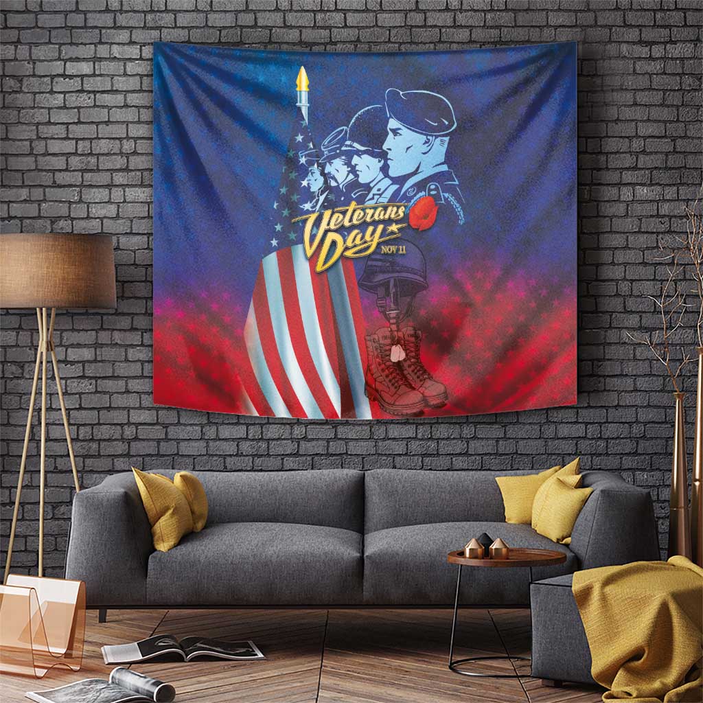 Hanging blue and red Veterans Day tapestry featuring soldier portrait, flag stripes, and candle icon