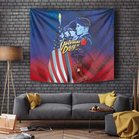 Hanging blue and red Veterans Day tapestry featuring soldier portrait, flag stripes, and candle icon