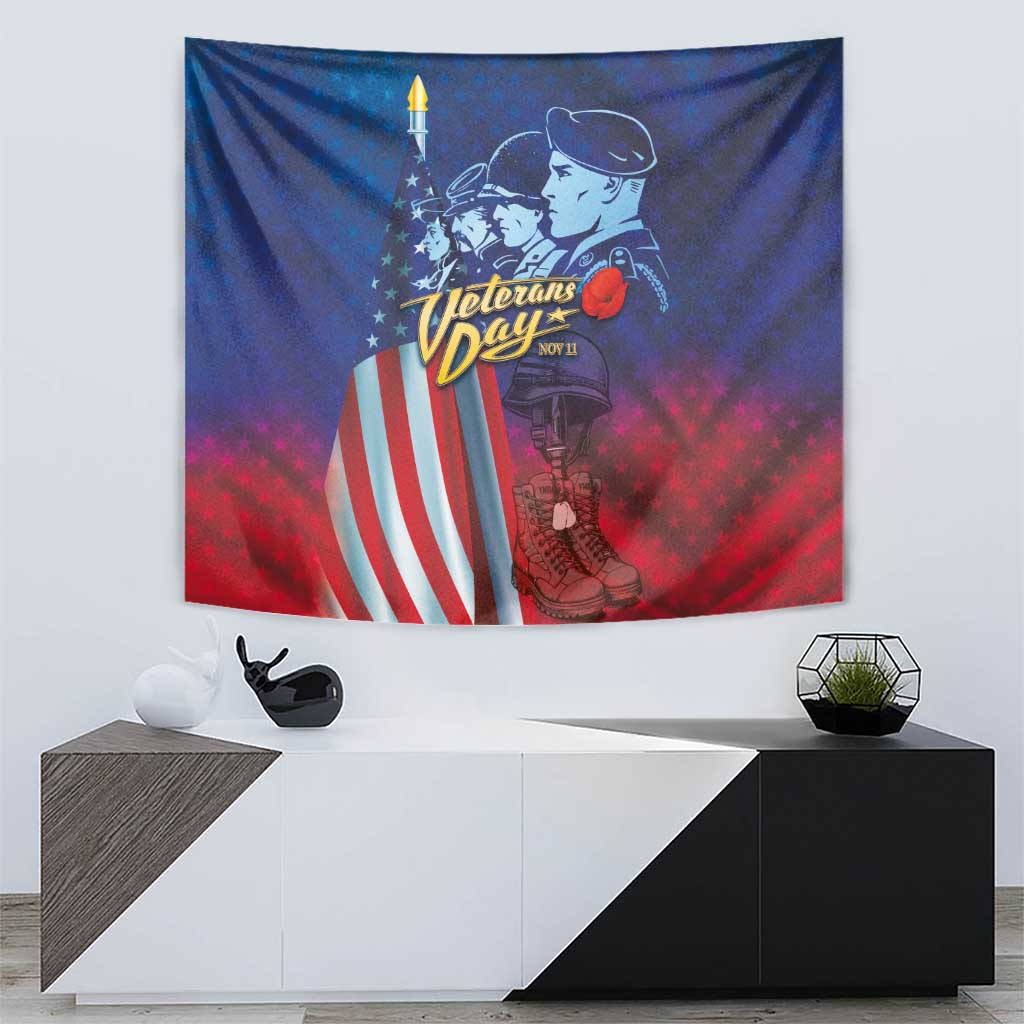 Square blue and red Veterans Day tapestry showing soldier figure, American flag stripes, and “Veterans Day”