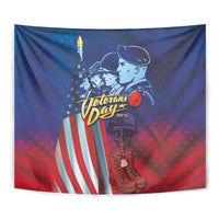 Full view blue and red Veterans Day wall tapestry with soldier, flag stripes, and “Nov 11”