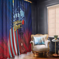 Veterans Day themed blue window curtain with soldier, flag stripes, and poppy design