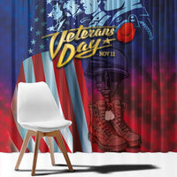 Veterans Day window curtain panel in blue with soldier boots, flag stripes, and red glow