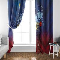 Veterans Day window curtain panels in blue with soldier portrait and flag stripe artwork