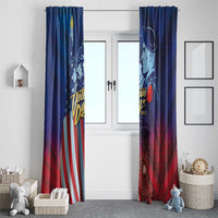 Veterans Day window curtains in blue with soldier figure and red patriotic gradient design