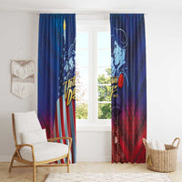 Two blue Veterans Day curtain panels with soldier artwork and American flag stripes