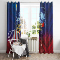 Veterans Day patriotic window curtains in blue with soldier graphic and red-blue gradient