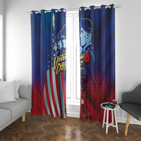 Blue Veterans Day window curtains with soldier portrait and flag stripes, hung with hooks