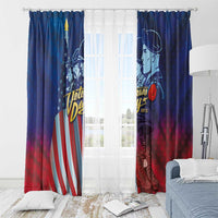Blue Veterans Day curtain panels with soldier artwork and flag stripes, mounted with grommets