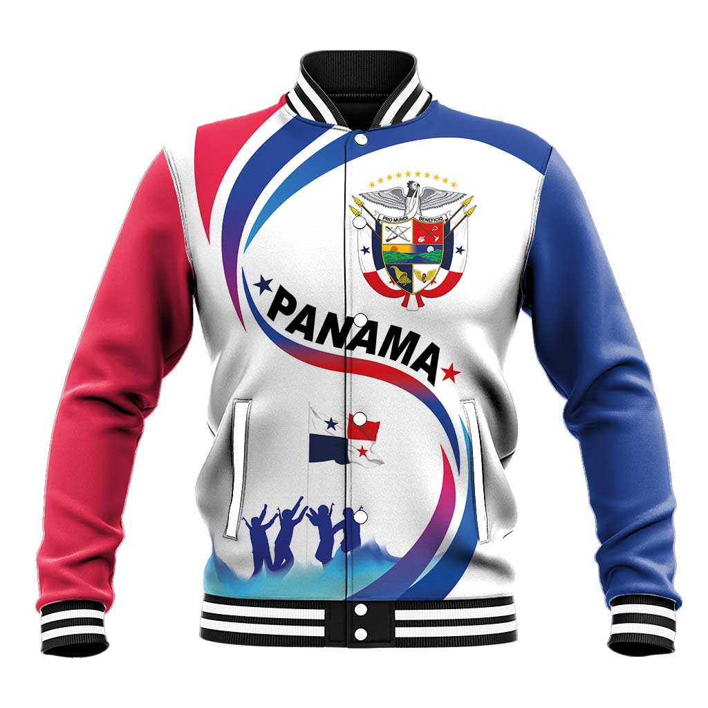 White baseball jacket with blue/red sleeves, Panama crest graphic, varsity striped ribbing
