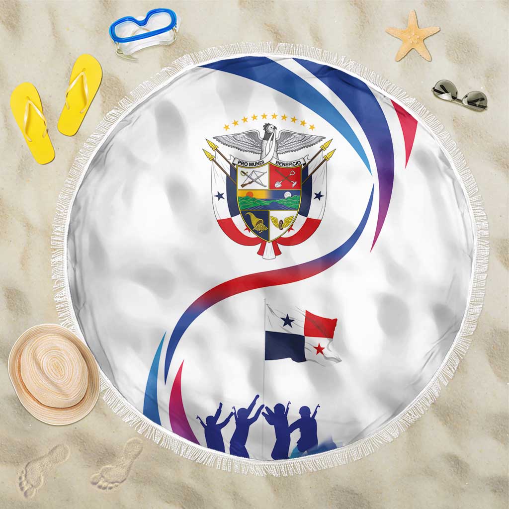 Round white beach blanket with centered Panama coat of arms and patriotic border fringe