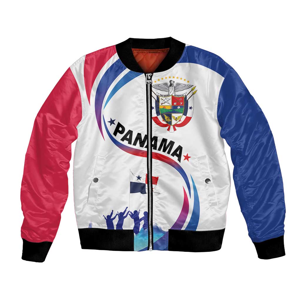 White bomber jacket with red and blue sleeves, front zipper, Panama coat-of-arms graphic