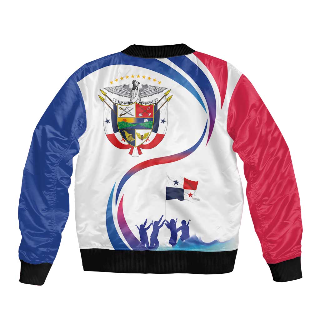 White bomber jacket with red and blue sleeves, back crest and Panama flag emblem, ribbed hem
