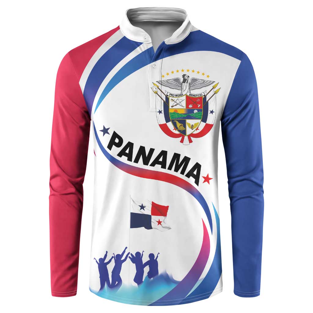 Men's white button-front sweatshirt with blue and red sleeves, Panama flag crest