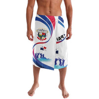 White lavalava with Panama emblem, blue swirls, and patriotic stars; knee-length